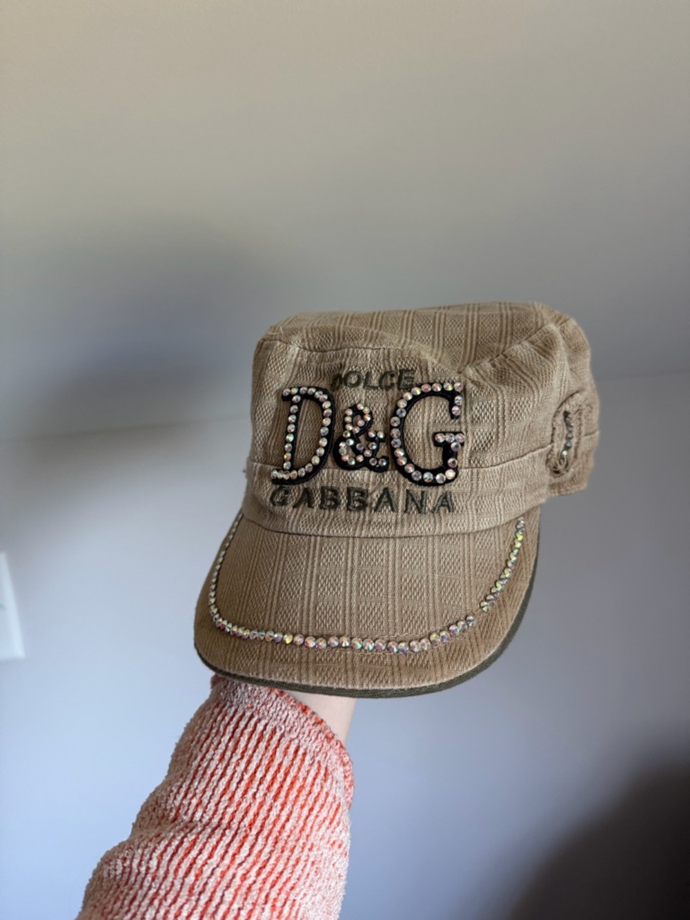 Vintage Y2K Dolce & Gabbana Beige Crystal-Embellished Military Cap